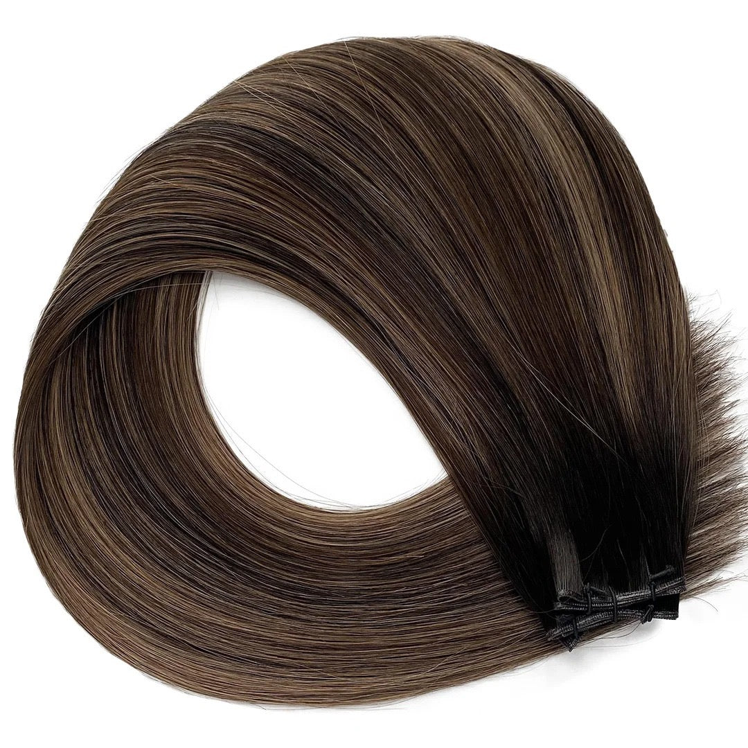 Low Light Extensions Skylar (Golden bronde with brown low lights)- Reinforced Handtied Weft ...